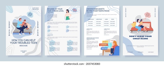 Help for depressed teen flat vector brochure template. Flyer, booklet, printable leaflet design with flat illustrations. Magazine page, cartoon reports, infographic posters with text space