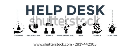 Help desk banner concept with icon of support, information, advice, problem solving, help, service, and solutions
