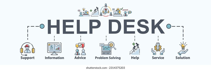 Help desk banner web icon for organization, support, information, advice, problem solving, help, service and solutions. Minimal vector flat infographic.