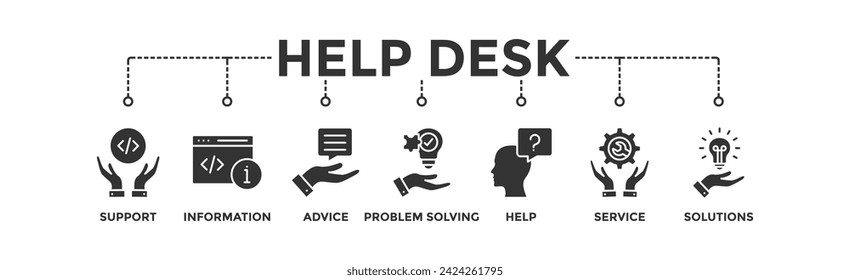 Banner de la mesa de ayuda Icono web Icono de ilustración vectorial con icono de soporte, información, asesoramiento, resolución de problemas, ayuda, servicio y soluciones	