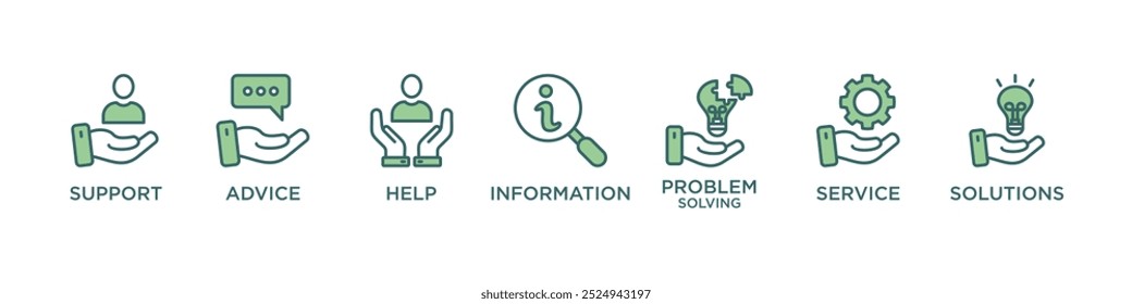 Helpdesk Banner Web-Symbol Vektorgrafik-Konzept mit Symbol für Support, Informationen, Beratung, Problemlösung, Hilfe, Service und Lösungen