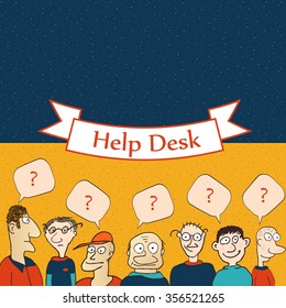 Help desk board. Vector style is cartoon characters with hand-drawn items