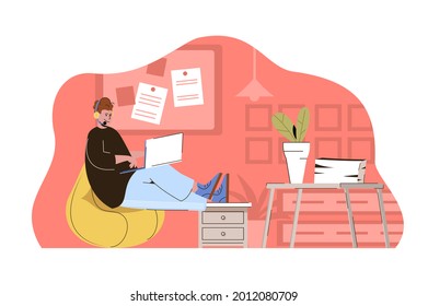 Help desk concept. Operator in headphone communicates online with customers situation. Tech support, hotline people scene. Vector illustration with flat character design for website and mobile site