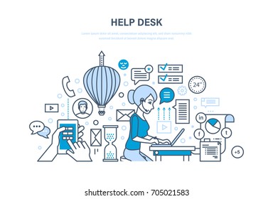 Help Desk Concept. Technical Support, System Consulting Clients, Means Of Communication And Modern Information Technologies. Illustration Thin Line Design Of Vector Doodles, Infographics Elements.