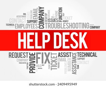 Help Desk - department that provides assistance and information for electronic or computer problems, word cloud concept background