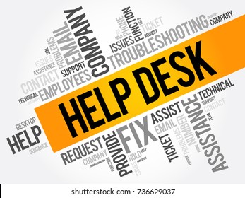 Help Desk - department that provides assistance and information for electronic or computer problems, word cloud concept background
