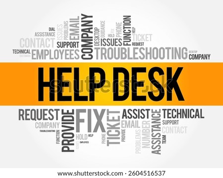 Help Desk - department that provides assistance and information for electronic or computer problems, word cloud concept background