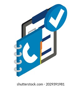 Help desk icon isometric vector. Telephone directory and clipboard, check mark. Promotion activity, cold calling