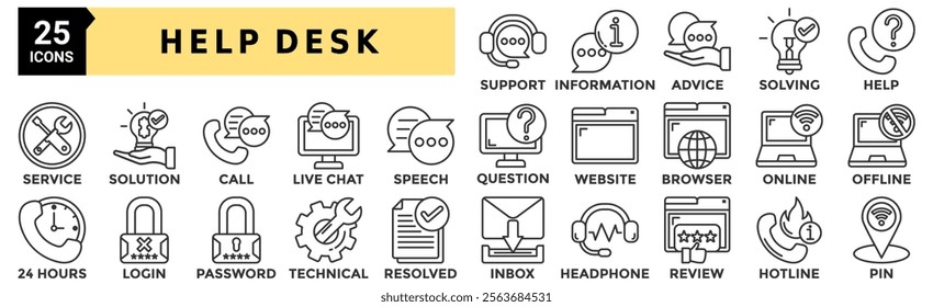 Help desk icon set. Containing support, information, advice, solving, help, service, solution and more. Outline vector icons collection