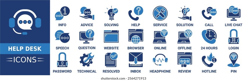 Help desk icon set. Containing support, information, advice, solving, help, service, solution and more. Solid vector icons collection