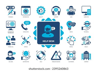 Help Desk icon set. Support, Technical, Feedback, Advice, Customer Service, Satisfaction, Problem Solving, Result. Duotone color solid icons