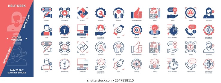 Conjunto de ícones do Help Desk. Suporte, Técnico, Tópicos, Defeitos, Atendimento ao cliente, Satisfação, Resposta rápida, Resultado. Ícones de contorno sólido e editável de cor duotônica