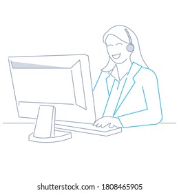 una persona del servicio de ayuda en el equipo con un cliente en el icono de estilo de dibujo de línea
