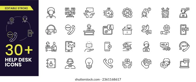 Help desk and Support editable stroke outline icons set. Support, customer service, assistance, feedback, help, technical support, help desk, and customer satisfaction. editable stroke icons.