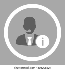 Help desk vector icon. This rounded flat symbol is drawn with dark gray and white colors on a silver background.