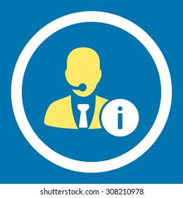 Help desk vector icon. This rounded flat symbol is drawn with yellow and white colors on a blue background.