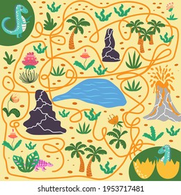 Help dinosaur find path to nest. Labyrinth. Maze game for kids. Help dino moms to find their eggs kid learning game with maze