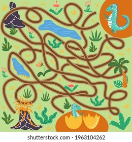 Help dinosaur find path to nest. Labyrinth. Maze game for kids. Help dino moms to find their eggs kid learning game with maze