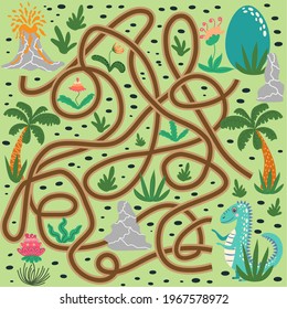 Help dinosaur find path to nest. Labyrinth. Maze game for kids. Help dino moms to find their eggs kid learning game with maze