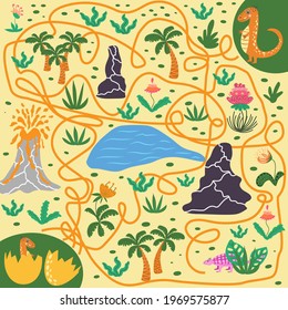 Help dinosaur find path to nest. Labyrinth. Maze game for kids. Help dino moms to find their eggs kid learning game with maze