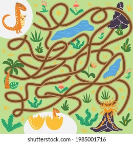 Help dinosaur find path to nest. Labyrinth. Maze game for kids. Help dino moms to find their eggs kid learning game with maze