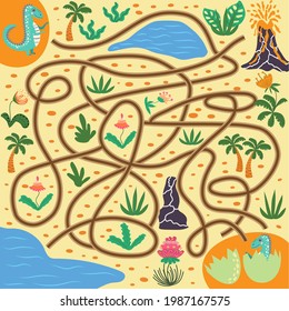 Help dinosaur find path to nest. Labyrinth. Maze game for kids. Help dino moms to find their eggs kid learning game with maze