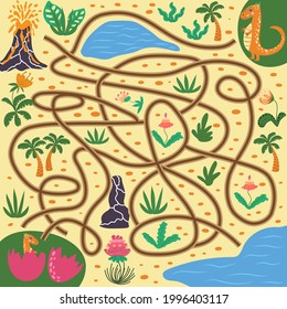 Help dinosaur find path to nest. Labyrinth. Maze game for kids. Help dino moms to find their eggs kid learning game with maze