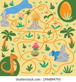 Help dinosaur find path to nest. Labyrinth. Maze game for kids. Help dino moms to find their eggs kid learning game with maze