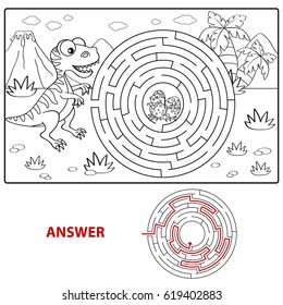 Help dinosaur find path to nest. Labyrinth. Maze game for kids. Coloring page