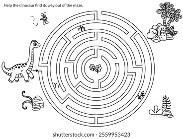 Help the dinosaur find its way out of the maze. Black and white vector illustration.