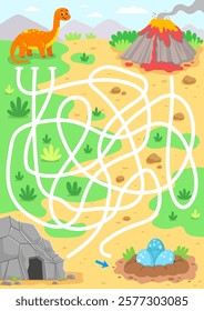 Help the dinosaur get to its nest with eggs. Labyrinth. Maze game for children. Diplodocus. Vector illustration.