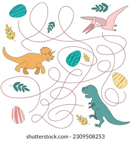 Help the dinosaurs of the Jurassic period find their eggs. Educational maze game for kids. Vector illustration on white background.