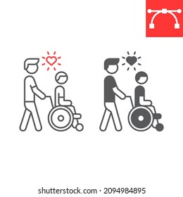 Help disability care line and glyph icon, caretaker and volunteering, wheelchair user vector icon, vector graphics, editable stroke outline sign, eps 10.