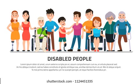 Help disabled person. Happy disability people helping young student in wheelchair, friendly handicapped boy with group of friends diverse adults medical colorful cartoon vector illustration collection