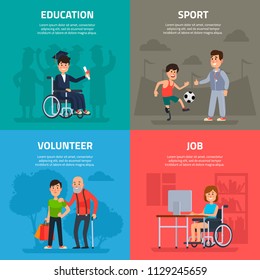 Help disabled persons. Volunteer work, sports and rehabilitation, promenade opportunity of education male friendship and job for physical handicapped artificial disability person cartoon vector set