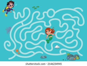 Help diver boy to reach mermaid under the sea. Maze game for children. Vector illustration.