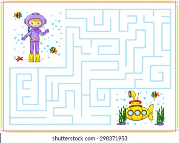 Help the diver go through a maze and find yellow submarine in the ocean. Educational game for children. Vector illustration