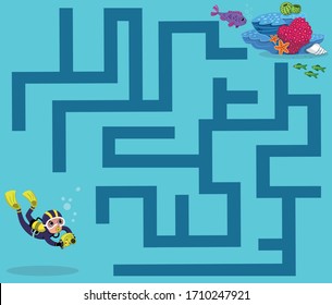 Help diver to rich the reef. Maze game for children. Vector illustration.