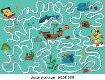 Help the diver to rich the treasure chest. Maze game for kids. Vector illustration.