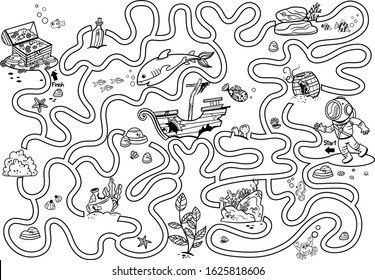 Help the diver to rich the treasure chest. Black and white maze game for kids. Vector illustration.