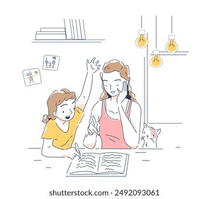 Help do homework. Woman sits with girl and reads book. Adult helps child prepare for test or examination. Education and learning, training. Linear vector illustration isolated on white background