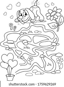 Help the dog to find balloons hearts. Coloring page outline of the cartoon labyrinth. Colorful vector illustration of educational maze game for preschool children, summer coloring book for kids. 