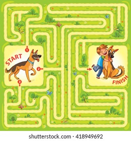 Help the dog to find the right way and hug the owner. Maze Game with Solution. Tangled lines. Funny cartoon character. Vector illustration