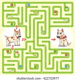 Help the dog to find the right way and to reunite with his girlfriend. Maze Game with Solution. Tangled lines. Funny cartoon character. Vector illustration