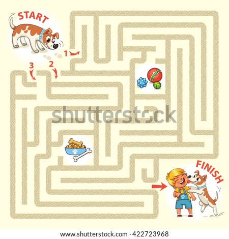 Help the dog to find the right way and hug the owner. Maze Game with Solution. Tangled lines. Funny cartoon character. Vector illustration