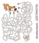 Help the dog through the maze. Children logic game to pass the maze. Educational game for kids. Attention task. Choose right path. Funny cartoon character. Worksheet page. Vector illustration