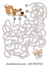 Help the dog through the maze. Children logic game to pass the maze. Educational game for kids. Attention task. Choose right path. Funny cartoon character. Worksheet page. Vector illustration