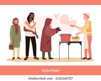 Help and donation food for homeless poor people. Volunteers give soup to starving beggars characters in city shelter flat vector illustration. Voluntary altruistic charity, humanitarian aid concept