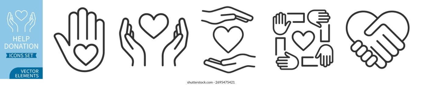 Conjunto de iconos de ayuda y donación. Símbolos de caridad, amor y cuidado. Esquema de Ilustración vectorial sobre fondo transparente