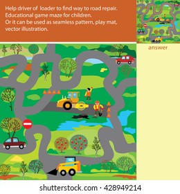 Help driver of loader to find way to road repair. Educational game maze for children. Or it can be used as seamless pattern, play mat, vector illustration.